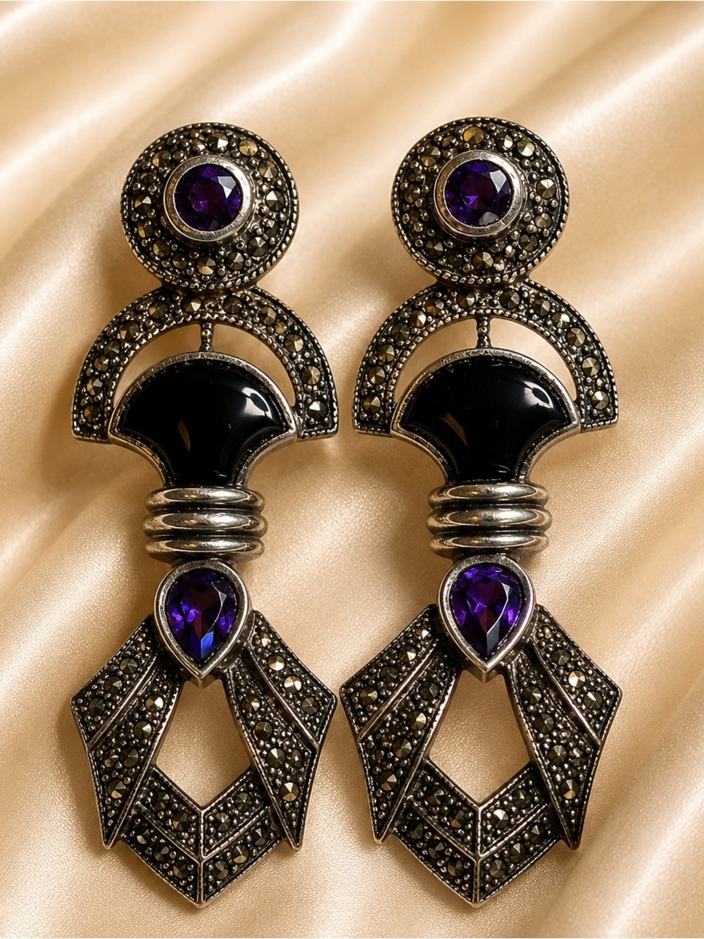 Vintage 925 Sterling Silver Marcasite Purple & Black Art Deco Earrings